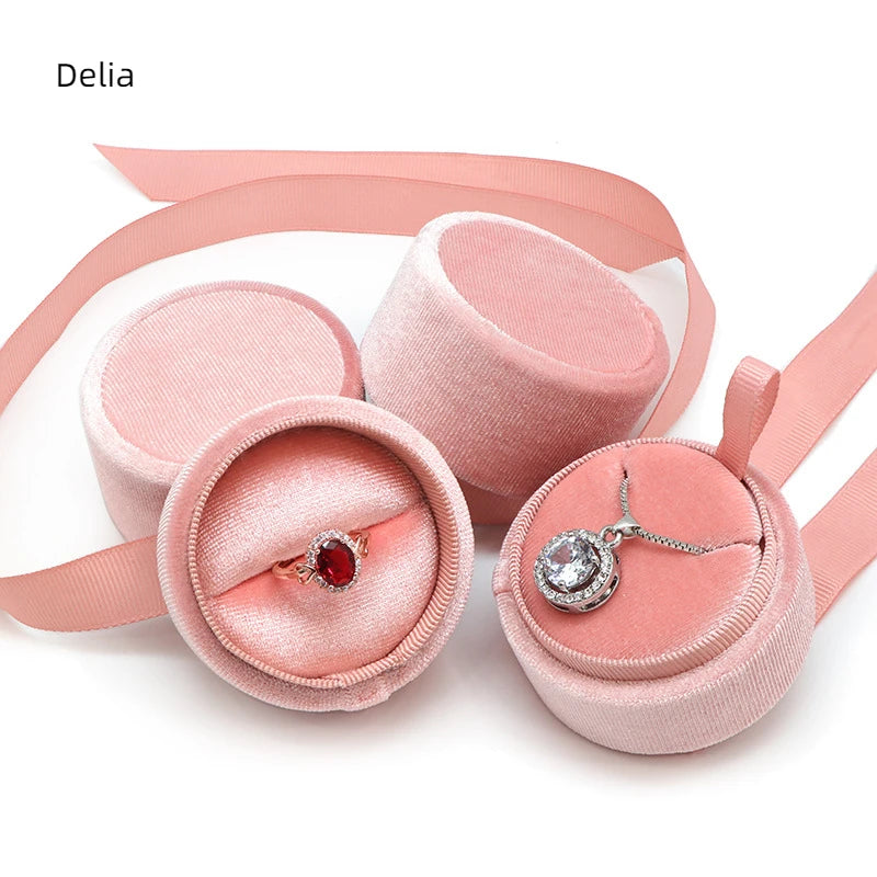 New Round Creative Ribbon Ring Necklace Storage Box pink Jewelry Gift Packing Box High-end Jewelry Box