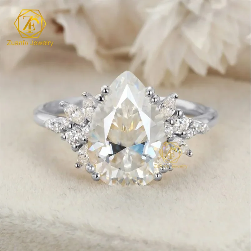 Luxury 3CT 8x10mm D VVS Moissanite Wedding Ring 14K Gold with Pear Shape Antique Design GRA Certificate Gift Included