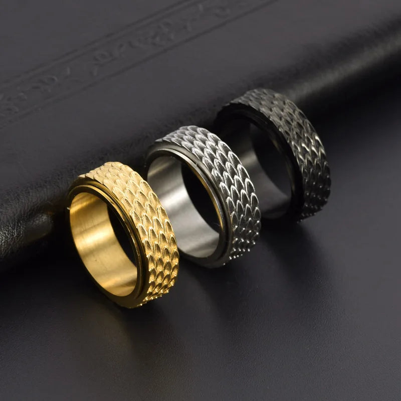 OAHLAN Fashion Jewelry Dragon Scale Design Male Wedding Engagement Vintage Style Rotatable 8MM Stainless Steel Rings for Men
