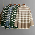 Women's Casual Autumn/Winter Long Length Cardigan Sweater Pullover Turtle-Neck Loose Knit with Striped Design and Front Logo