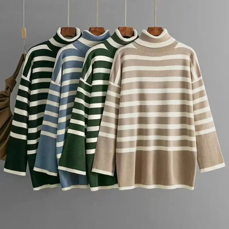 Women's Casual Autumn/Winter Long Length Cardigan Sweater Pullover Turtle-Neck Loose Knit with Striped Design and Front Logo