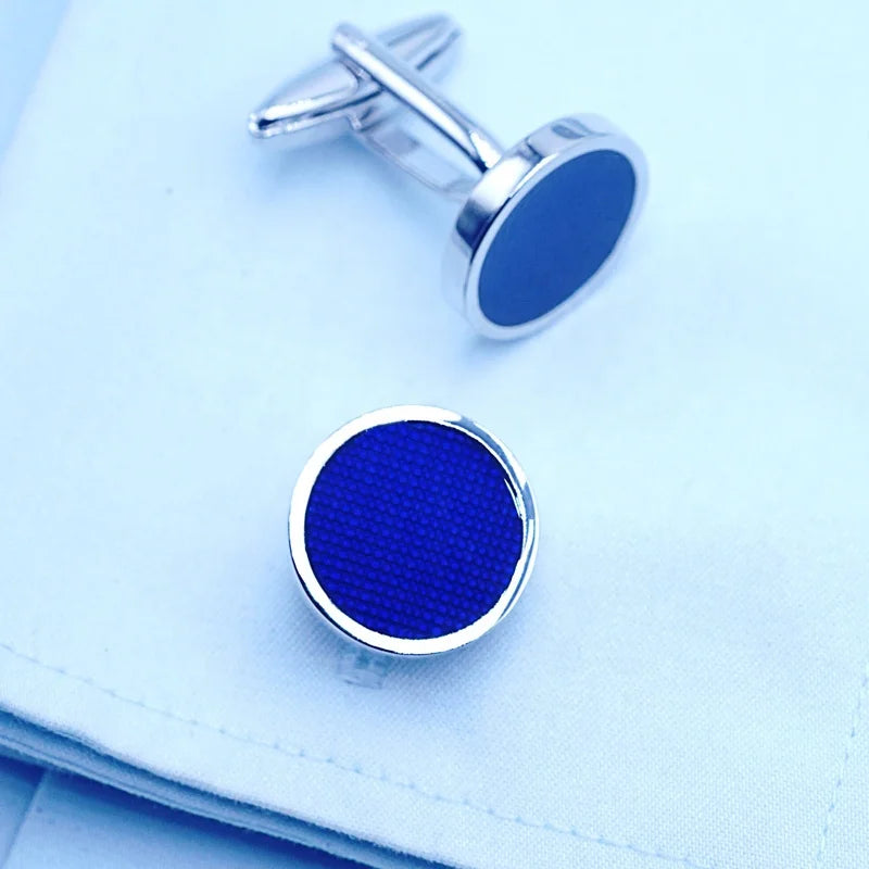 Wholesale Custom Blue Enamel Cufflink Set Classic Design Silver Metal Buttons for Men's Round French Shirt Wedding Gift Ideas