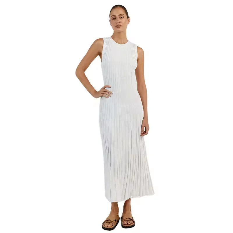 New Arrival Women Knitted Dress Waist Wrap Round Neck Knitted Ribbed Long Dress