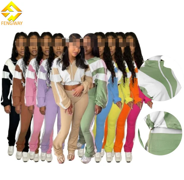 2025 New Arrivals Spring Female Zip up Jacket Color Block  Patchwork Two Pieces Pants Sweatsuit Set Tracksuit Woman Jogger Set