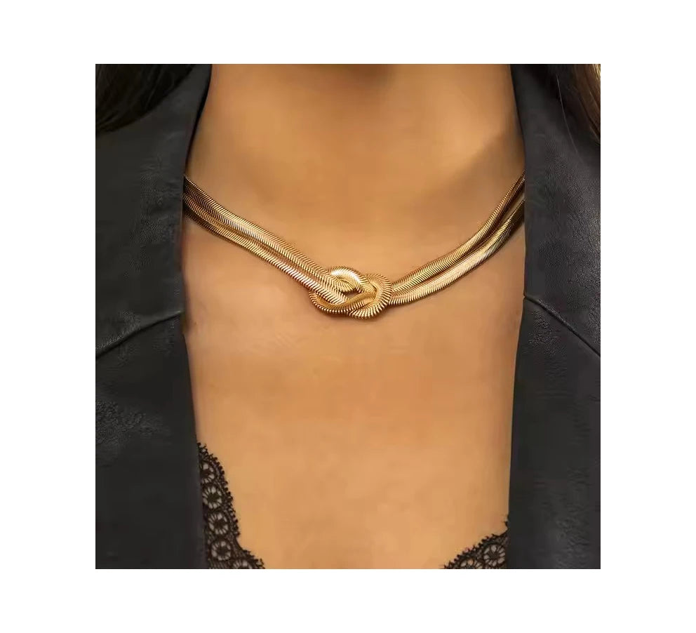 Fashion Silver Gold Knot Torque Clavicle Chain Necklace Bracelet Punk Multilayer Flat Snake Chain Necklaces for Women