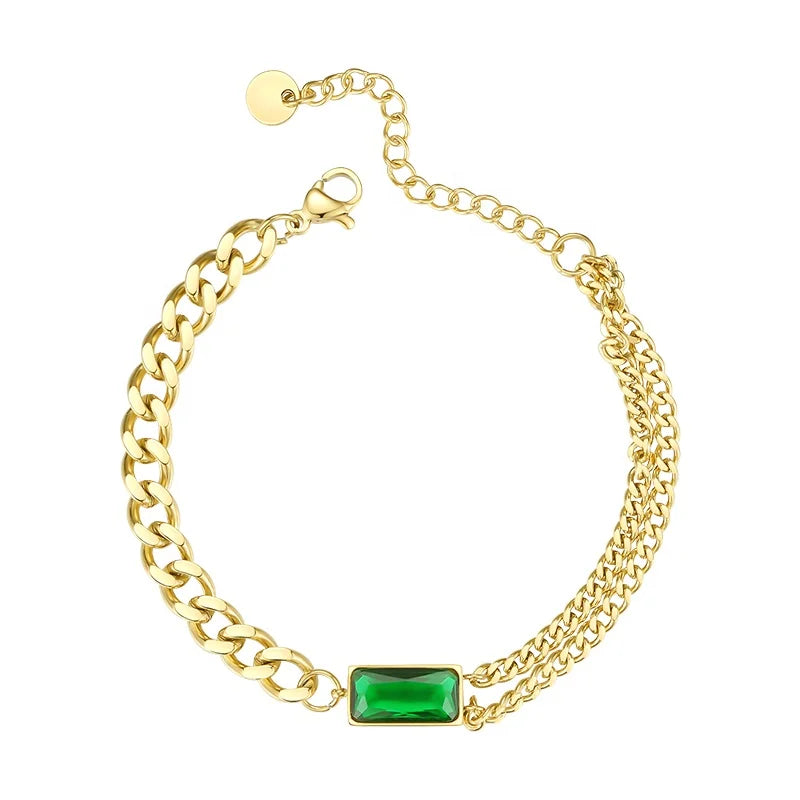 18K Gold Plated Stainless Steel Chain Rectangle Zircon Green Stone Accessories Bracelets B202182
