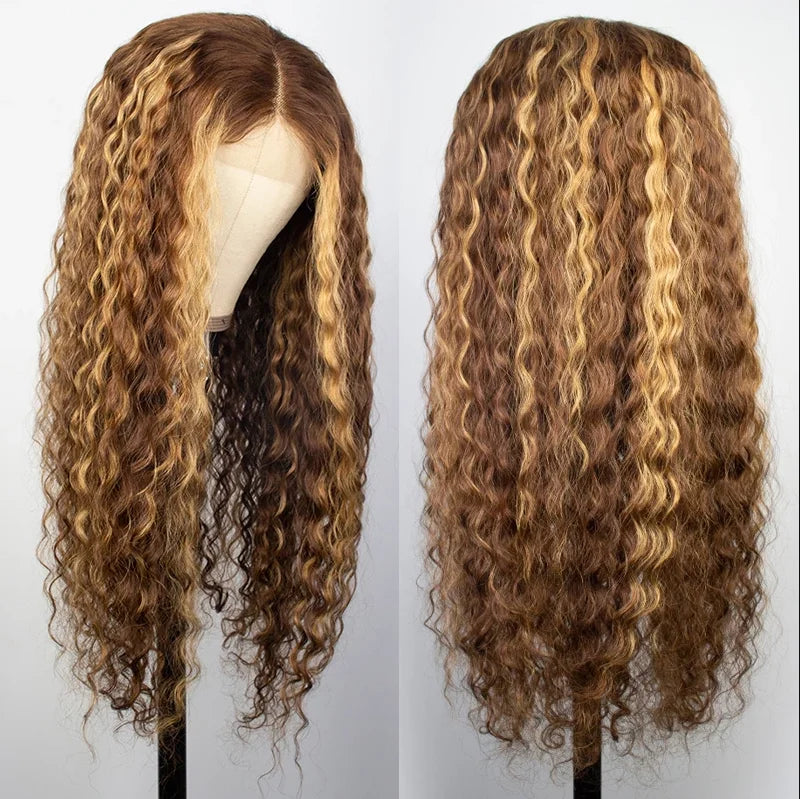 Curly Human Hair Wig Transparent HD for Frontal Highlight Honey Blonde for 13x1 Brazilian Deep Water Wave 10A Grade Wigs