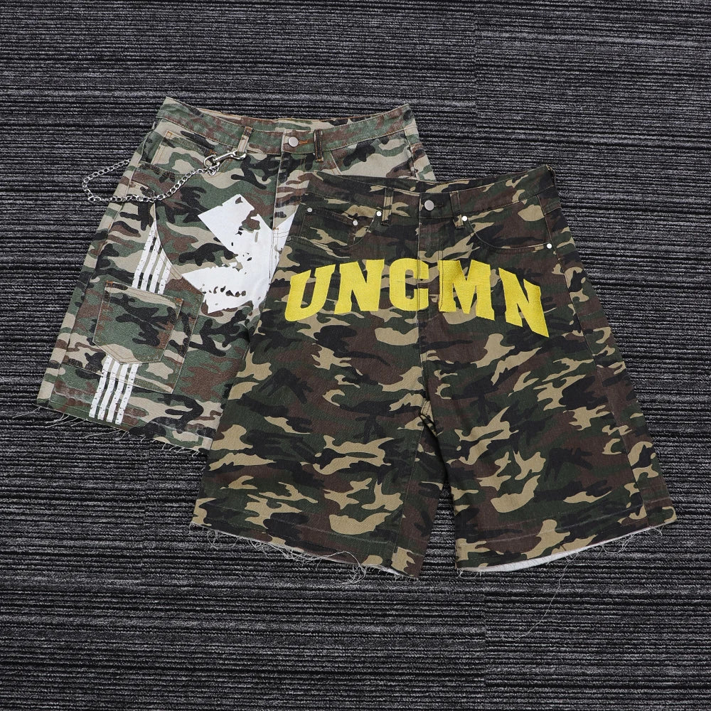 MC BUILD Summer Vintage Custom Logo Jeans Denim Shorts Streetwear Baggy Cargo Jorts Denim Camo Shorts for Men