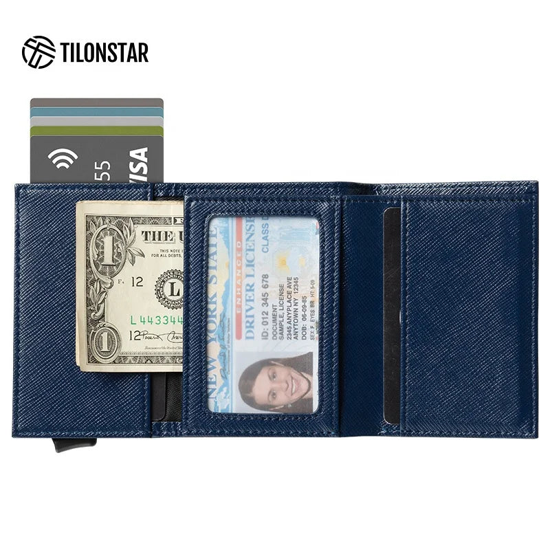 TILONSTAR New Design Genuine Real Leather Male Wallets Custom Logo Leather Card Case Aluminium Metal Card Holder Mans Wallet