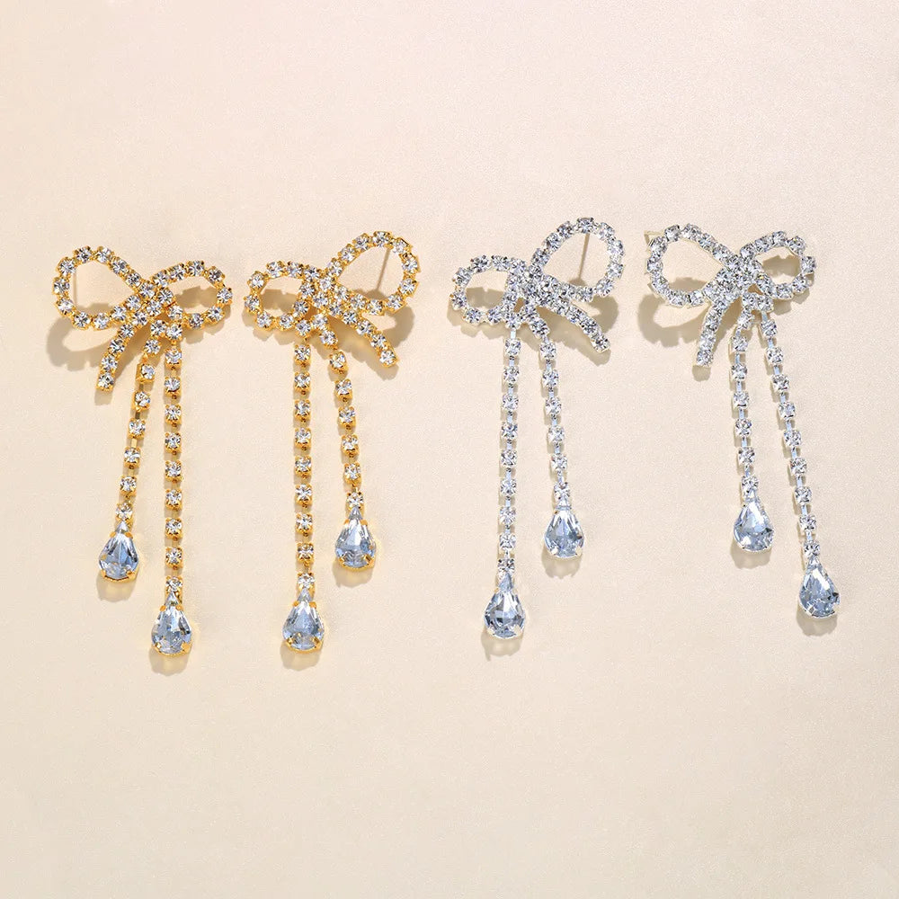 Girl Fashion Bow Earrings Crystal Diamond Party Rhinestone Bowknot Earrings