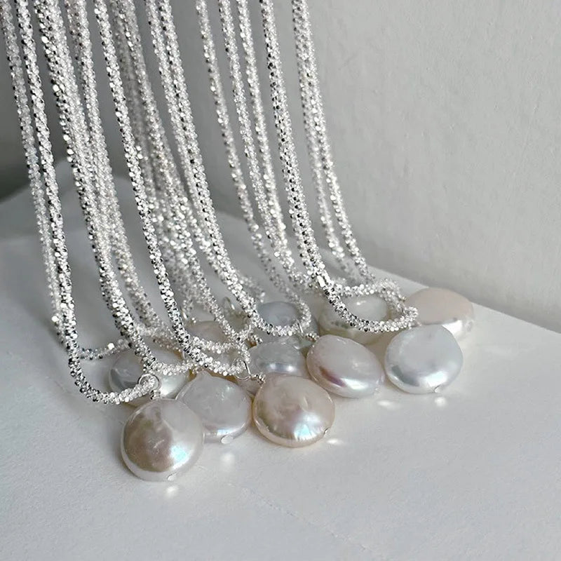 Baroque Pearl Sterling Silver Pendant Necklace S925 Silver Sparkling Chain Fresh Water Pearl Charm Choker Necklace for Women