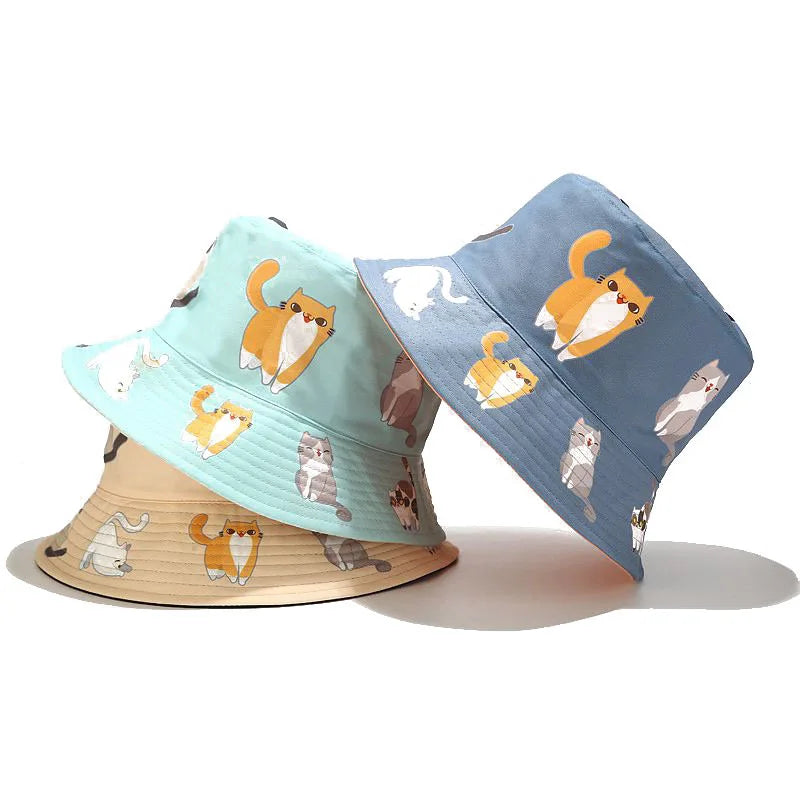 2022 Cartoon Cat Bucket Hat for Women Animal Print Fisherman Hat Panama Fishing Bucket Cap Summer Sun Hat for Girl Friend Gift