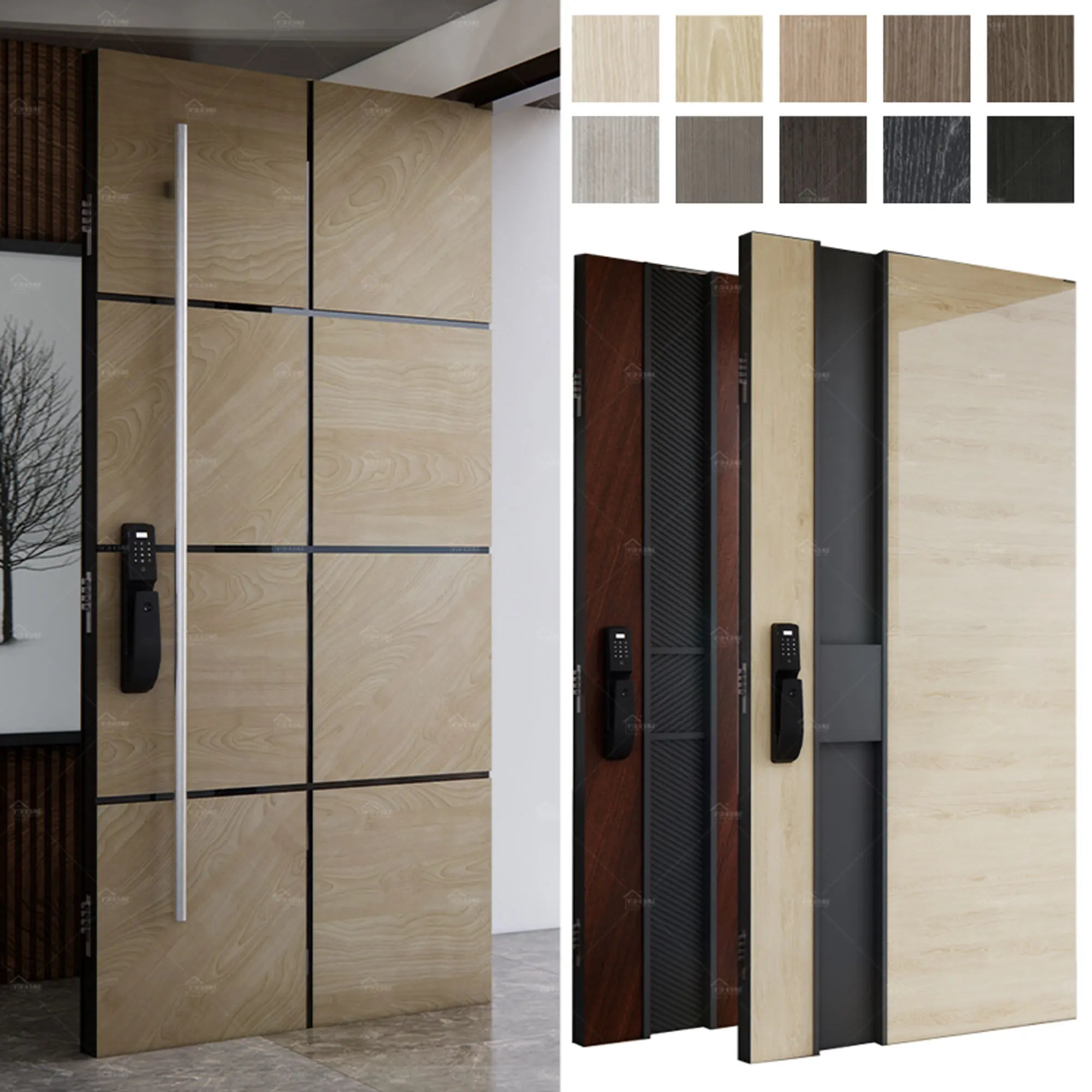 UK Style Hotel Villa Exterior Security Doors Black Walnut Wooden Entrance Door Smart Lock Main Front External Pivot Doors