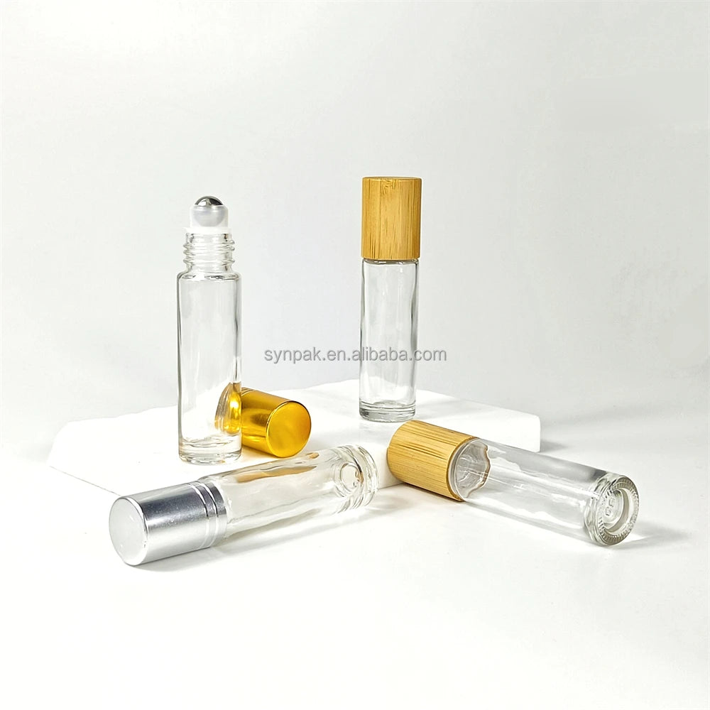 10ml Transparent Bamboo Screw Cap Empty Glass Roller Bottle Screen Printing Metallic Style for Essential Oil Perfume Face Cream