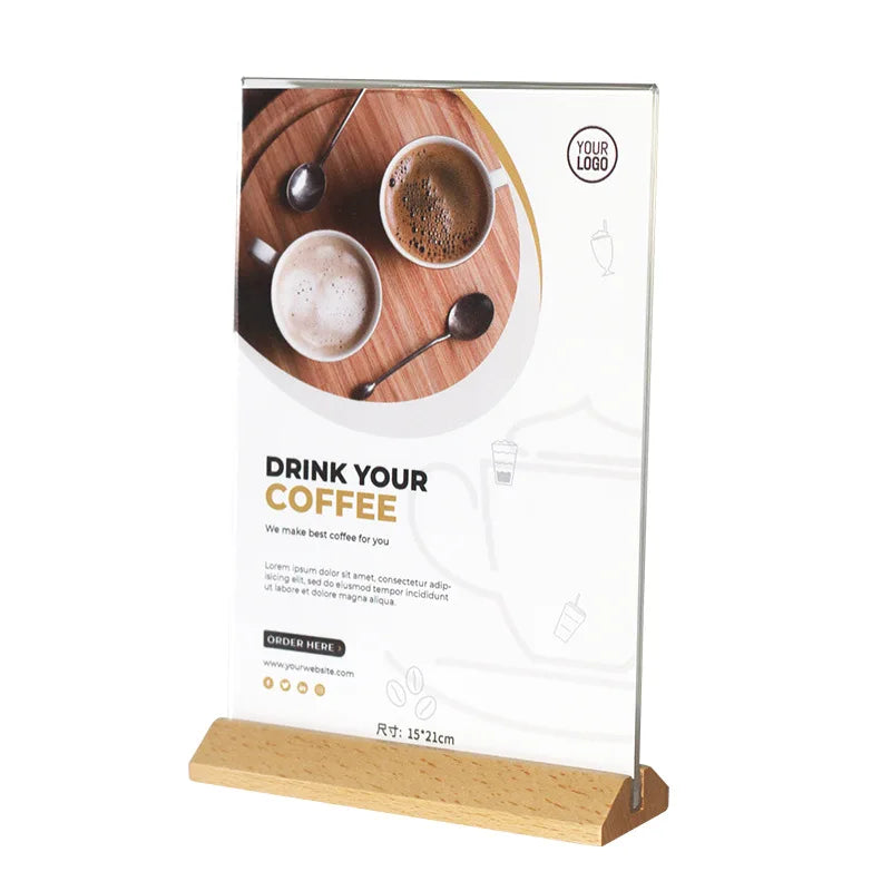 Acrylic Double Sided Frames Table Menu Display Stand Flyer Display Custom Acrylic Sign Holder with Wood Base