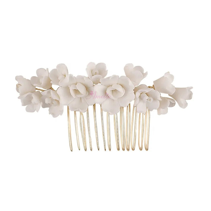 Handmade Ceramic Flower Hair Comb Set Bridal Wedding Salon Party Hair Jewelry Accessories for Brides and Guests