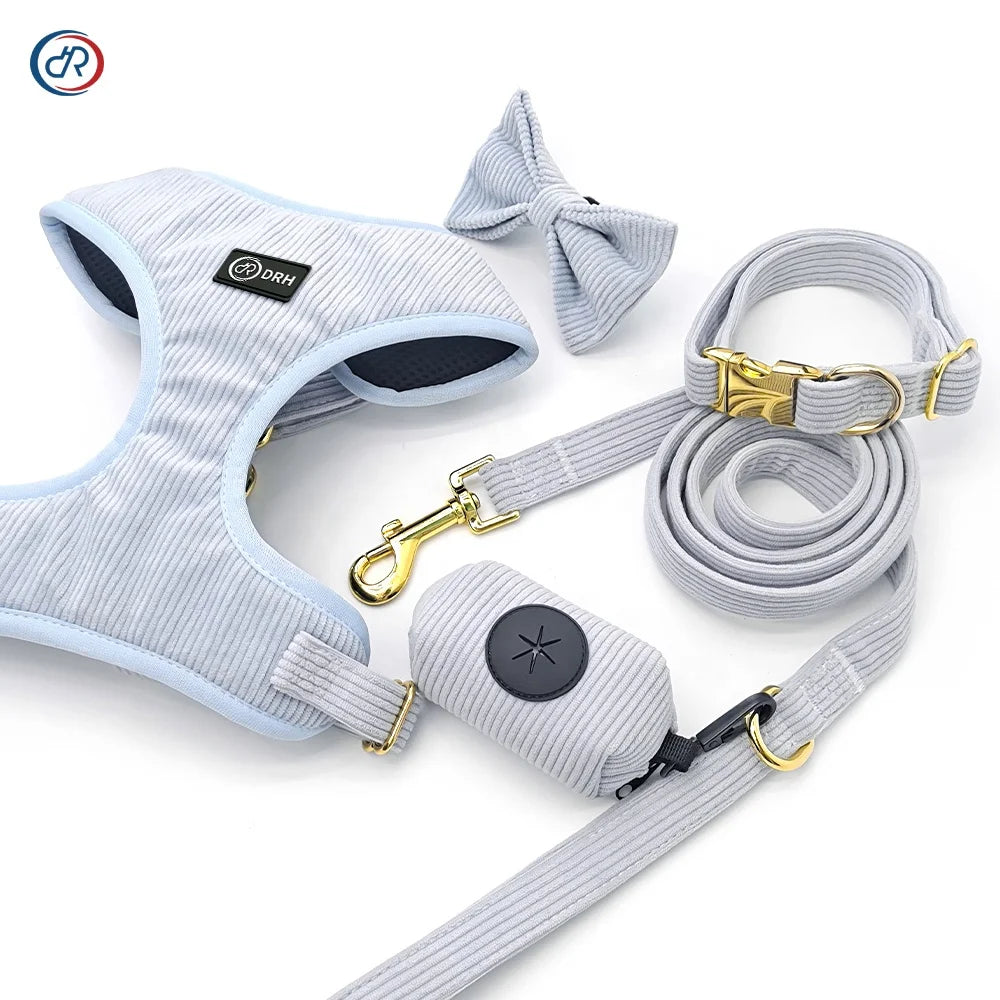 In Stock Wholesale Adjustable Corduroy Dog Harness and Leash Collar Pop Bag Set