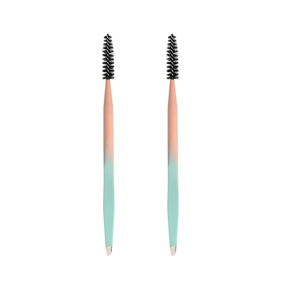 2023 New Stainless Steel Double Head Eyebrow Tweezers Brush Slanted Tip with Rubber Coating