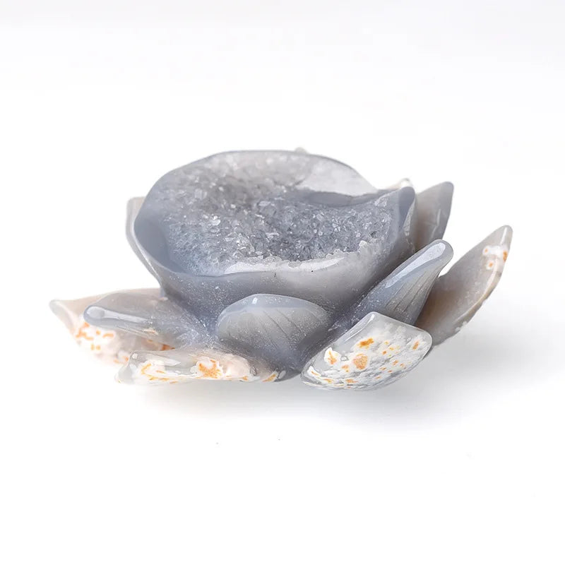 DIY Wholesale healing stone grey agate crystal geode lotus flower carved crystal decoration