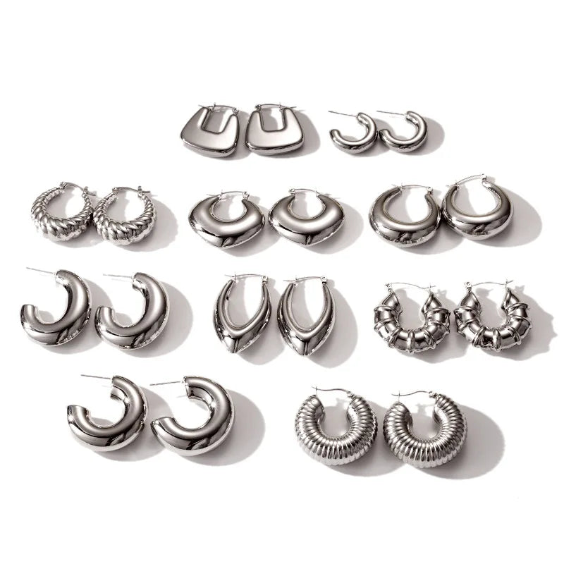 Vintage Silver Plated Stainless Steel Earrings C Shaped Hollow Irregular Texture Smooth Hoop Earrings for Women