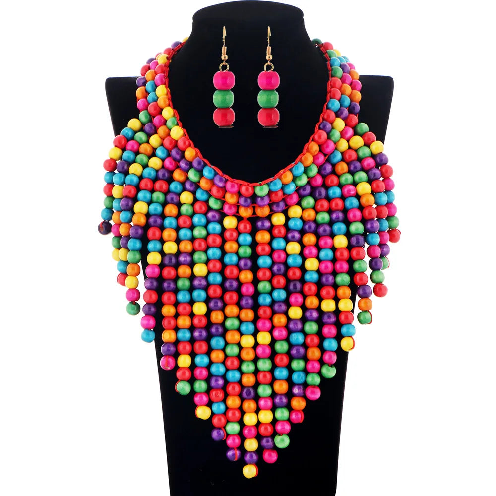 XD20210305 Bohemian Style Fashion Multi Beads Jewelry Set Wooden Beads Necklace Earrings Set Women Wood Jewelry Set