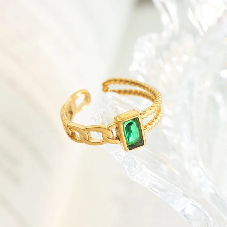 Fashion Men Women Zircon Rings Gold Pvd Stainless Steel Jewelry Square Gemstone Ring