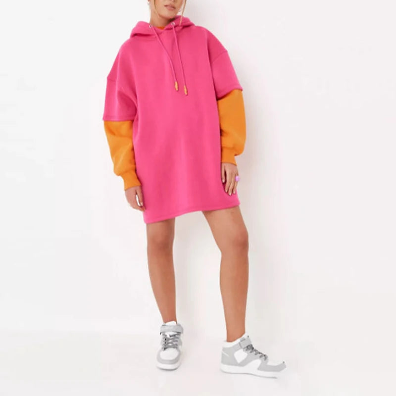 2026 New Arrival Women Clothing Color Blocking Streetwear Hooded Sweatshirt Dress for Women Custom Hoodie Dress for Ladies