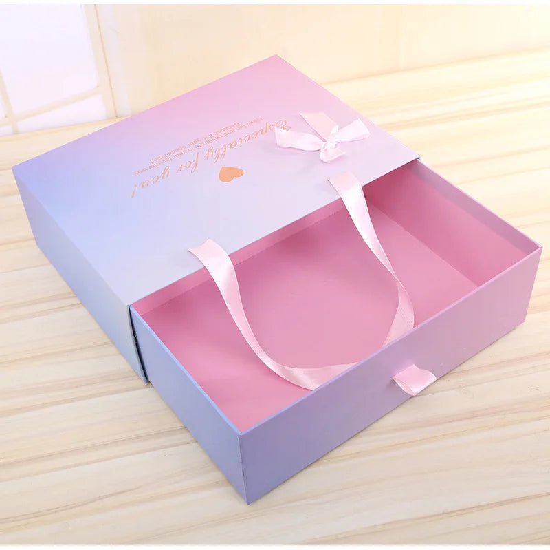 Cardboard Hair Wigs Packaging Drawer Sliding Cosmetic Gift Packaging Cardboard Boxes With Ribbon Handle