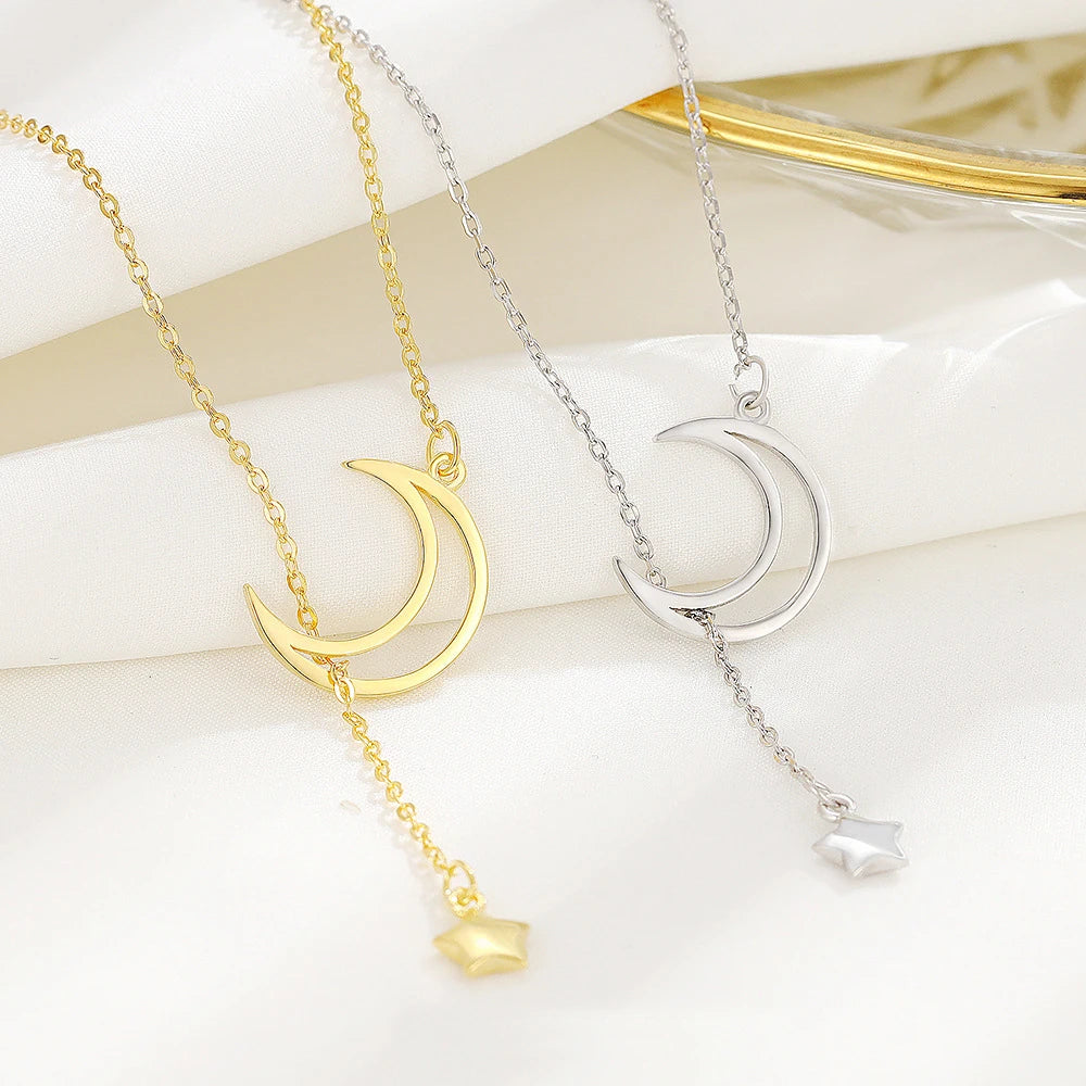INS Trendy 925 Sterling Silver Moon and Star Pendant Personality 18k Gold Tassel Chain Necklace for Women