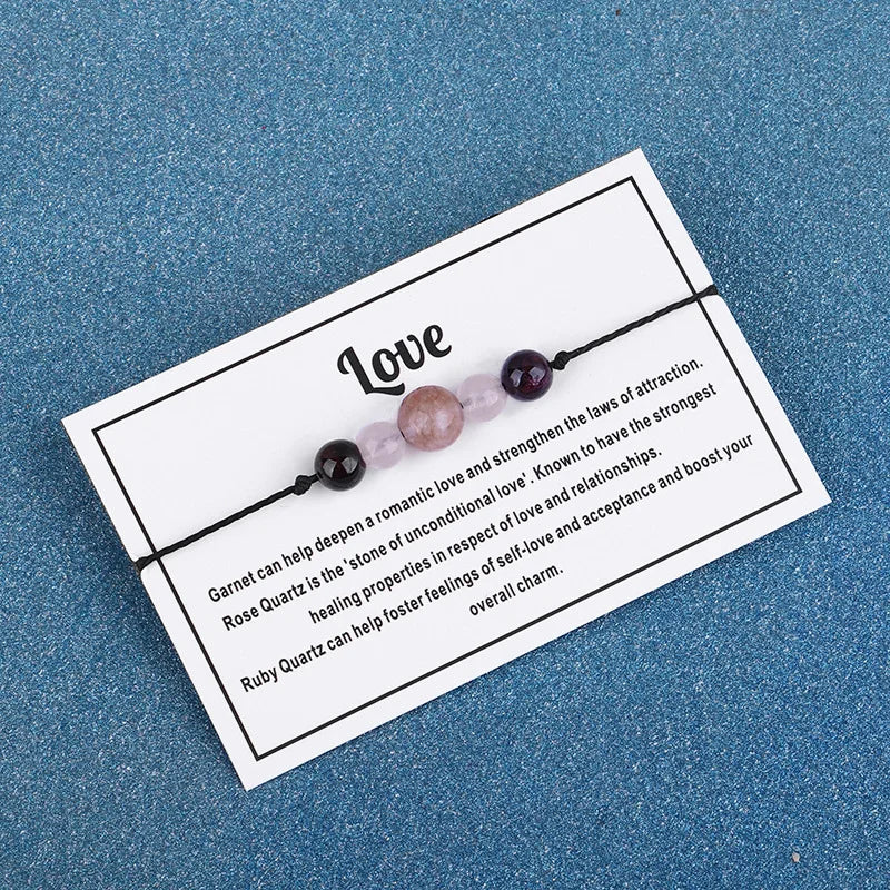 New Arrivals Natural Raw Rose Quartz Garnet Mix Round Bead Stones Wax String Hand Woven Love Couple Bracelets Jewelry for Gift