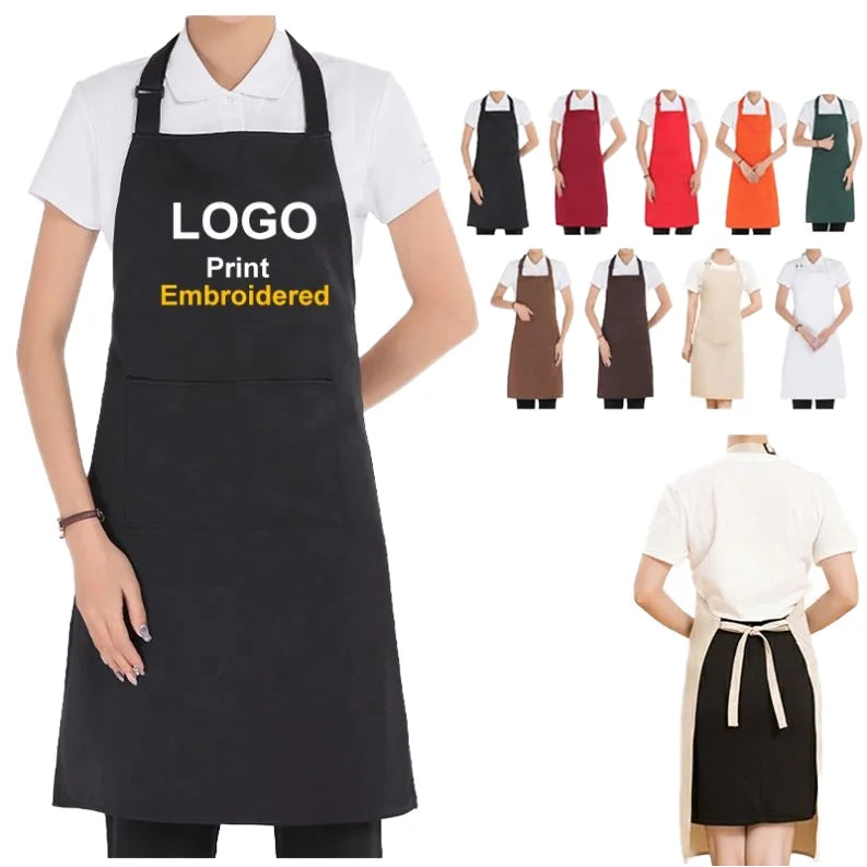 Custom Logo Black Chef Apron with Pockets Unisex Restaurant Kitchen Uniform for Men and Women Wholesale Work Apron