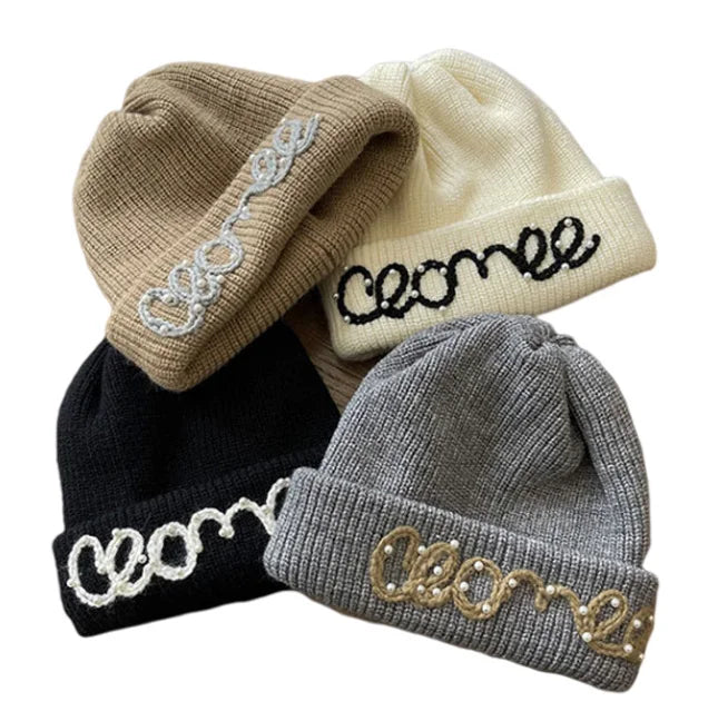 Women Script Logo Knit Beanie Winter Girls Reverse Hat With Studded Pearls