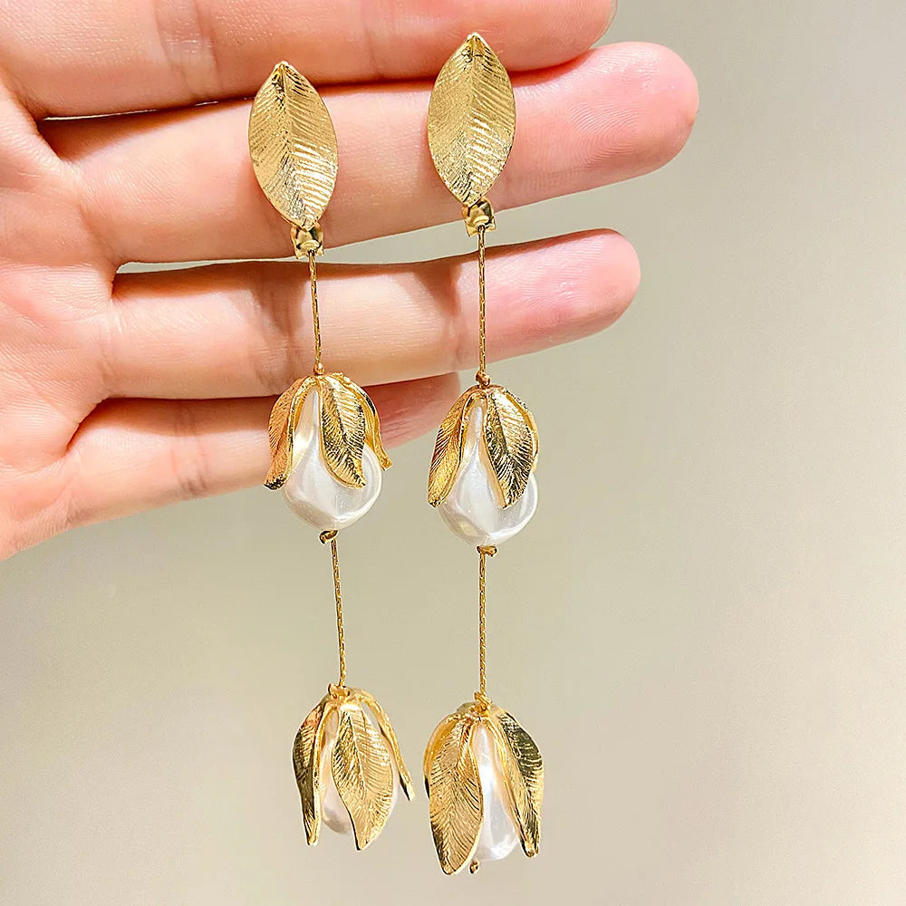 Gold Tassel Earrings Leaf Baroque Pearl Drop Long Earrings Retro Jewelry Earrings Womens