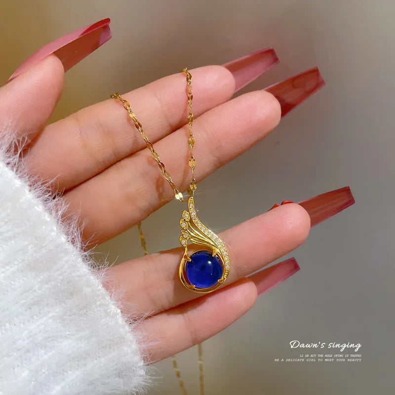 Luxury Gold Plated Titanium Steel Thermal Stone Gourd Necklaces Color-changed Natural Blue Gourd Pendant Necklaces