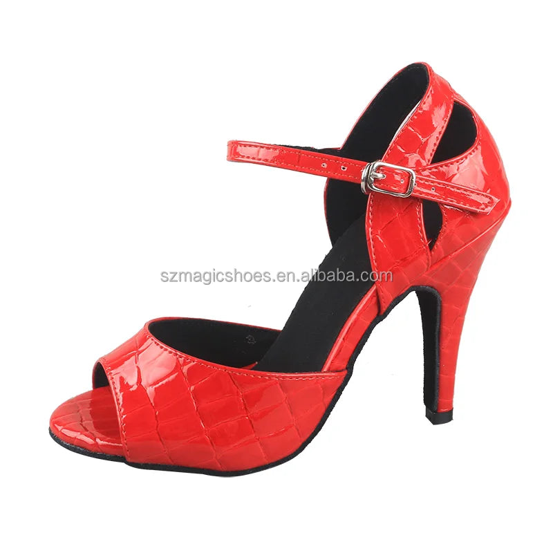 Customized High Quality 10CM Snake PU Dance Shoes Latin Women Red Suede Leather Bottom Dance Heels Indoor
