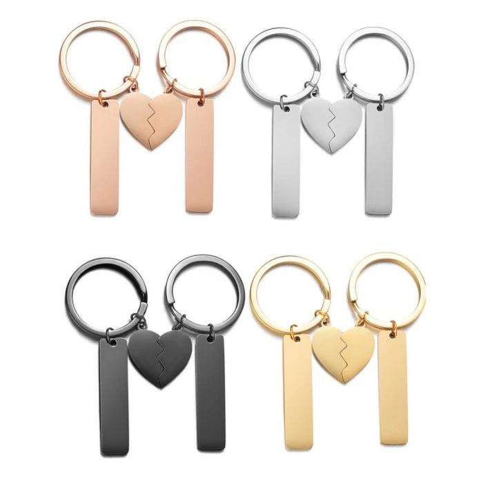 Couple Lover Romantic Jewelry Blank Style Custom Engraved Stainless Steel Split Heart Keychain with Strip Charms for DIY Making