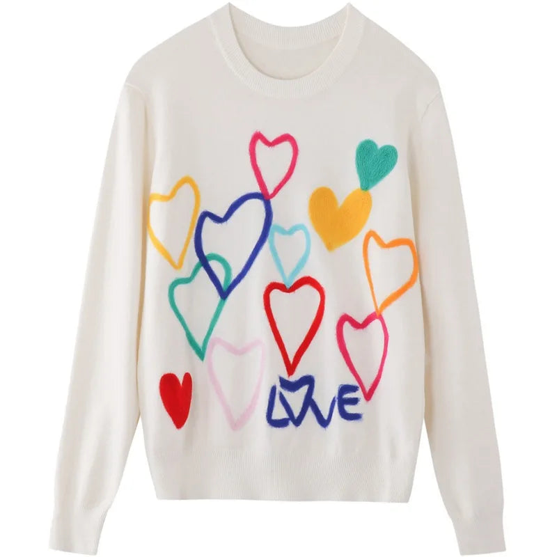 Sweater for Women Bottom Knitted Sweater Korean Women Loose Fashion Embroidery love Pullover Sweater Long Sleeve Cardigan Female