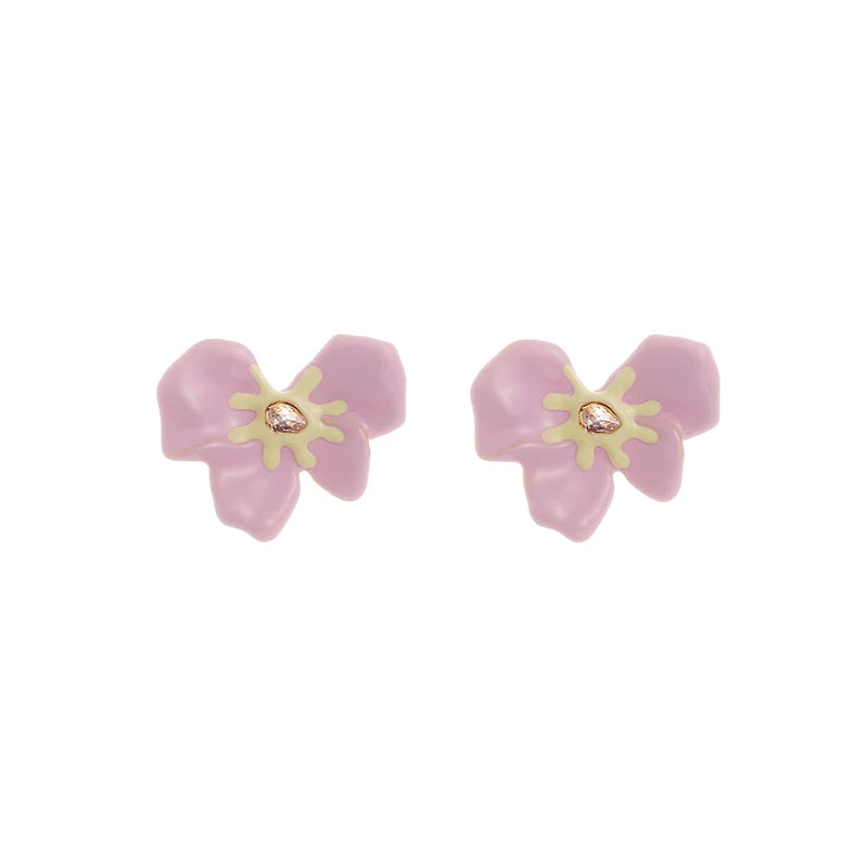 Elegant Pink Peach Blossom Flower Earrings New Design Zircon Colorful Enamel Stud Earrings for Women Girls