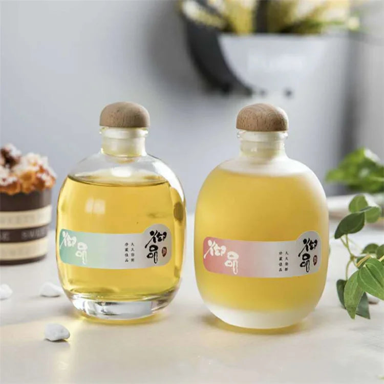 Round clear Frosted Mushroom Oval 250ml 500ml Fruit Wine Drinking Glass Beverage Bottle with Cork