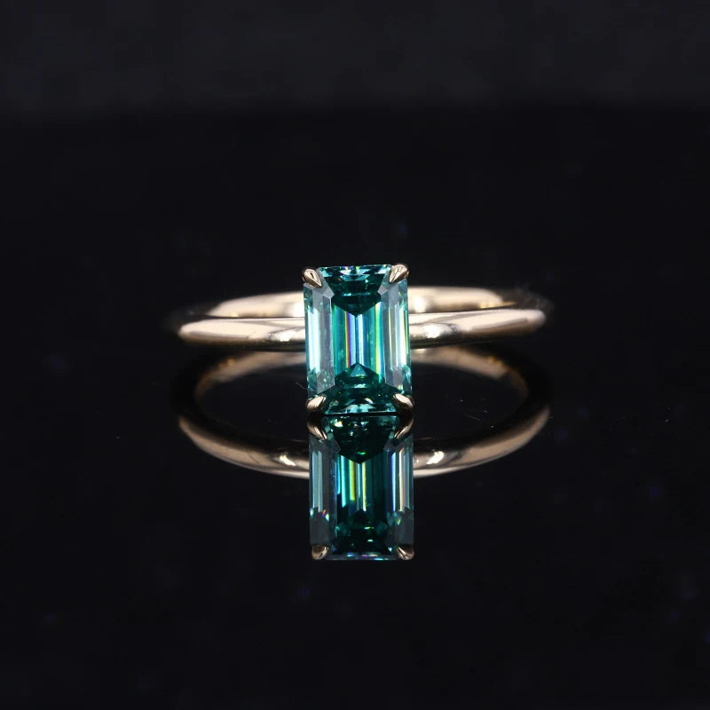 Starsgem 14K Gold Jewelry 1 Carat Emerald Cut 7x5mm Green Moissanite Ring