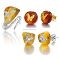 Lotus Fun Pure 925 Sterling Silver Natural Amber Stud Earrings and Ring Handmade Butterfly Fine Jewelry