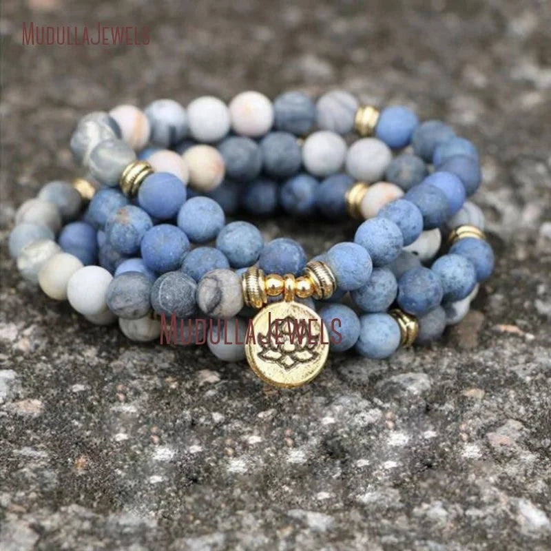 WMB36412 Blue Jasper Stone Healing Mala Bracelet Spiritual Protection Meditation Balance Mental 108 Mala Bead Lotus Necklace