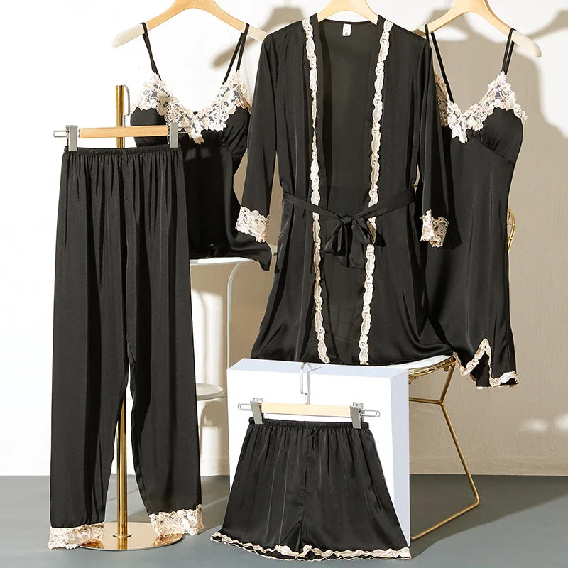 Women Satin Sleepwear Pajamas Set 5PCS Home Clothing Suit Lounge Wear With Pads Cami Short Night Dress Long Pant