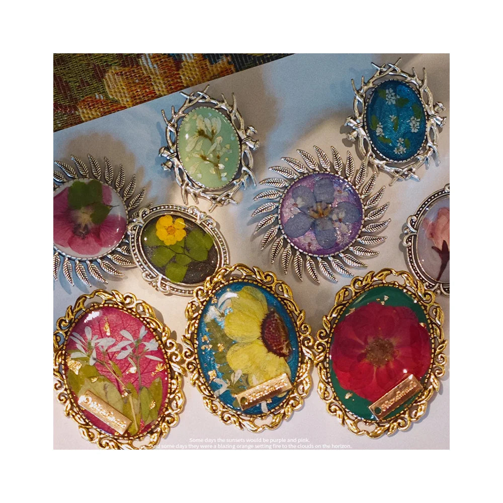 French Court Retro Colored Enamel Brooch Drip Resin Plant Flower Specimen Real Flower Clothing Accessories Pin Gift  for Her
