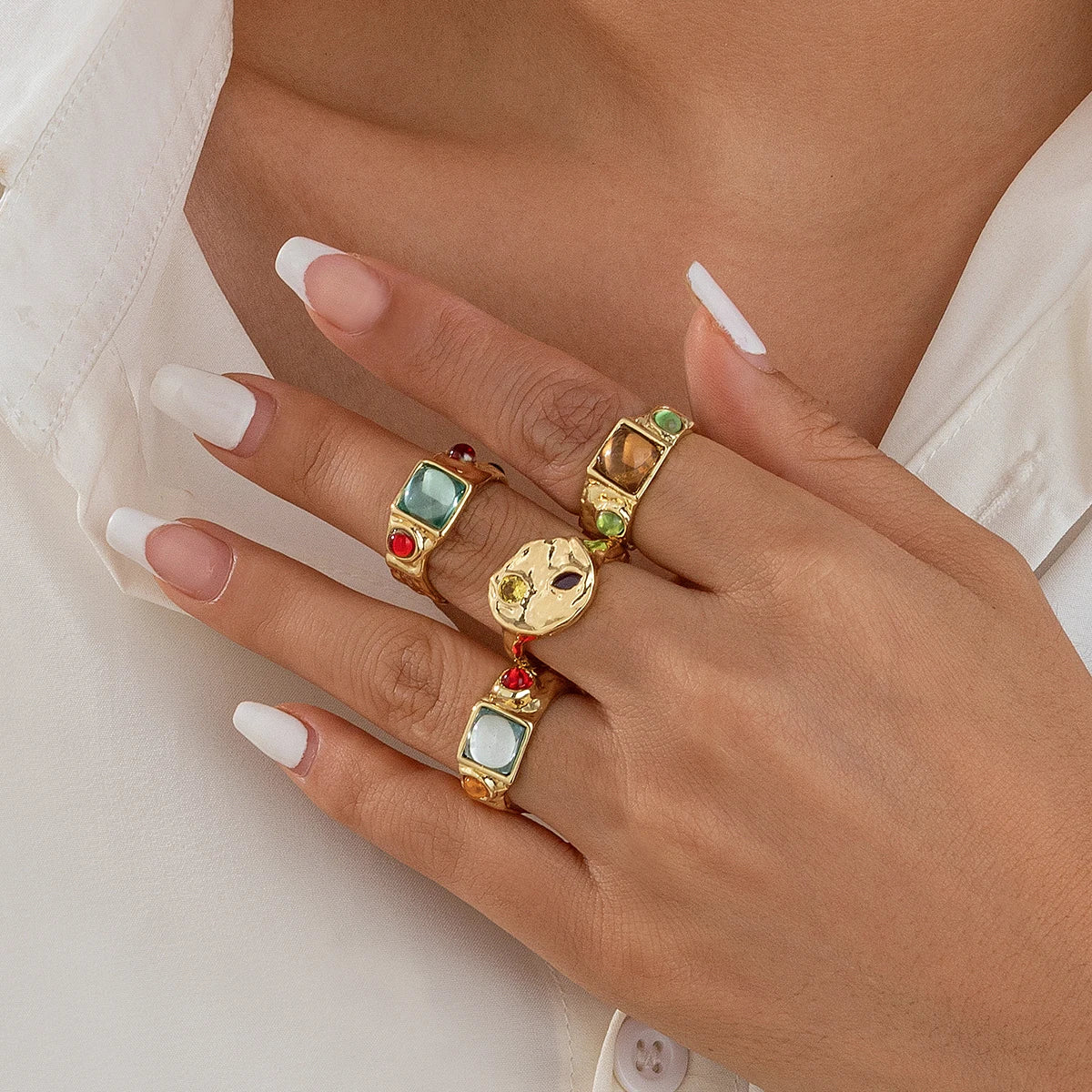4 Pieces Per Set Colorful Gem Rings for Women Trendy Stackable Finger Rings on Hand Accessories 2024 Fashion Jewelry Female Gift
