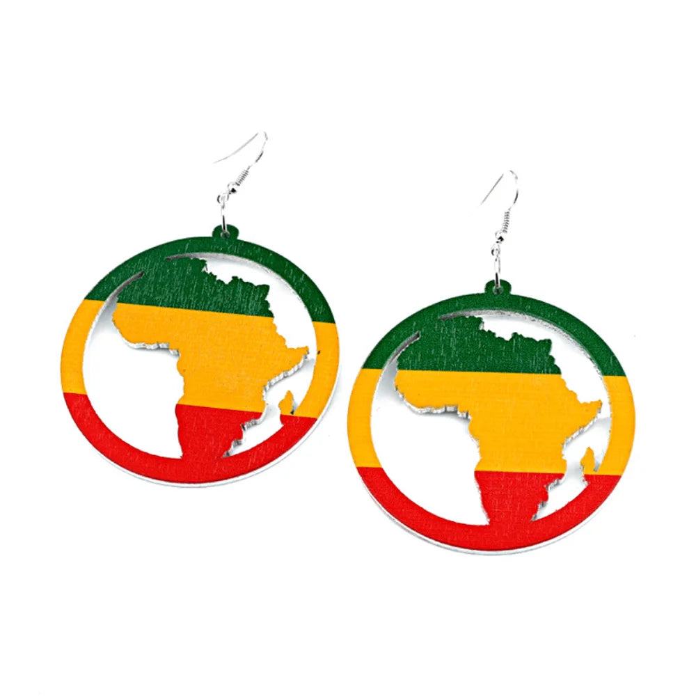 Wholesale African Wooden Wood Disc Ethnic Afro Africa Map Pendant Hoop Earings Women Earring Jewelry China Supplier