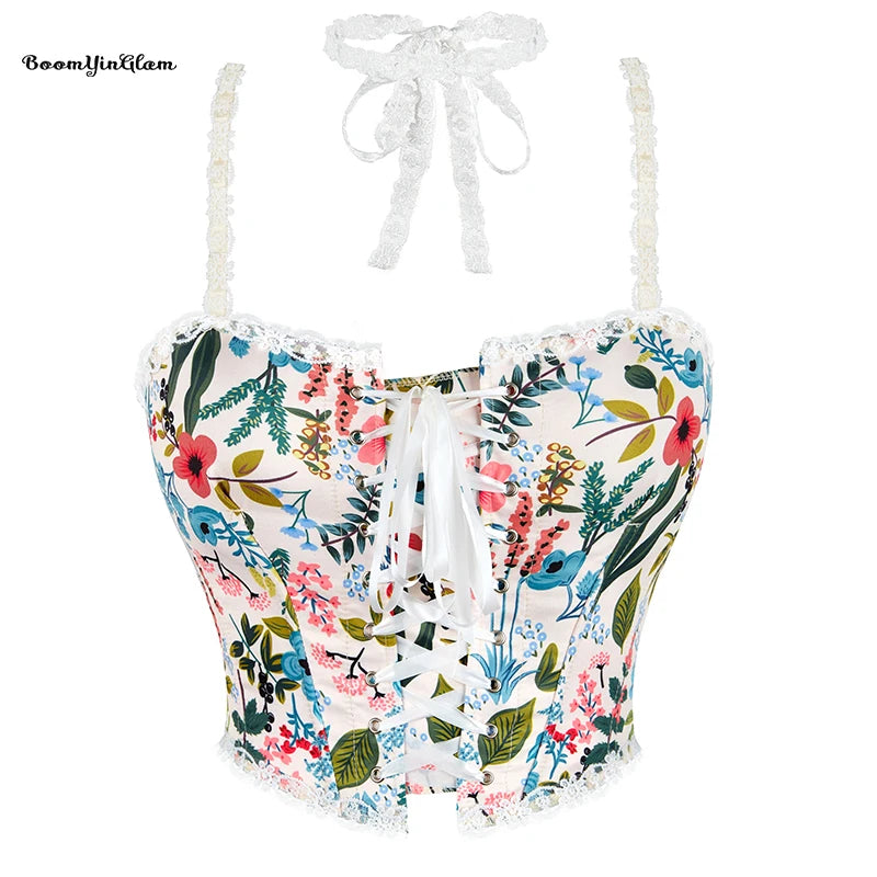 Front Bandage Victorian Lace Bow Tie Two Straps Waist Training Vest Floral Boned Corset Bustier Top Plus Size Button for Women