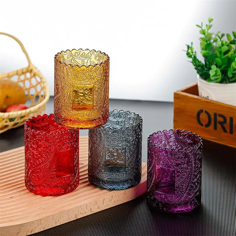 Round Glass Embossed Candlestick Cup DIY Romantic Decorative Candle Container Colored Glass Covered Scented Candle Cup