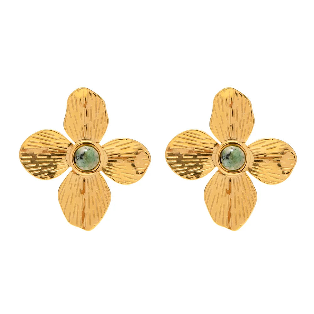 Gemstones Earrings Plated Fashion Vintage Earrings French Design Flower Earrings Gold Stainless Steel New Women's Agate 3 Pairs