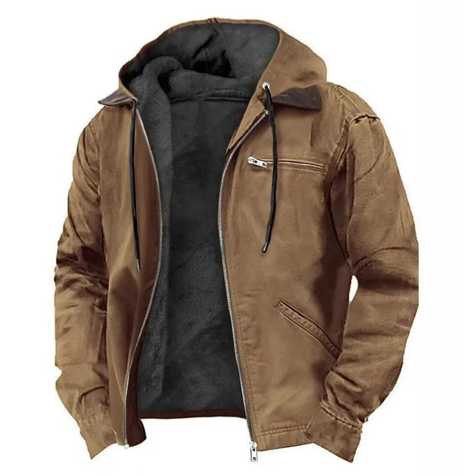 2026 New Cross-Border European and American Men's Bomber Jacket Streetwear Casual Retro Hooded Zipper Trendy Versatile for Youth